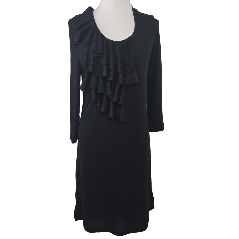 Spence LARGE Black Long Sleeve Lined Ruffle Front Knit Sweater Dress